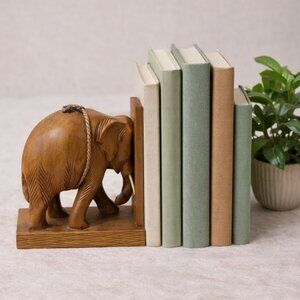 Vintage Hand Carved Wooden Elephant Bookend Safari Decor Boho Shelf Accent